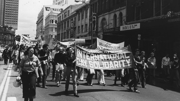 Homosexuals demonstrate in the morning march in Sydney before a street parade that would eventually evolve into the Sydney Mardi Gras.
