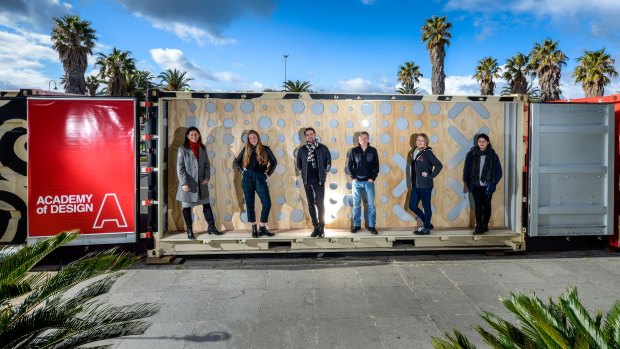Six shipping containers will be transformed into artworks at Station Pier. From the left, mayor of Port Phillip Amanda Stevens, Rachel Kingsford, Michael Peck, Carlo Pagoda, Maegan Oberhardt and Deniz Yilmaz.