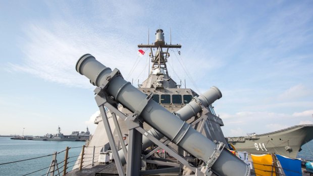 Missile launchers stand on the deck of the US Navy's USS Coronado littoral combat ship.