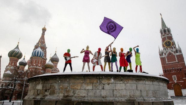 Members of punk rock protesters Pussy Riot performing in Moscow's Red Square.