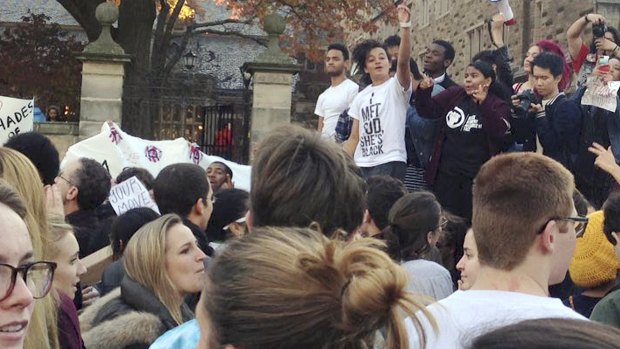 Yale University students and supporters participate in a march across campus to demonstrate against what they see as racial insensitivity at the Ivy League school.