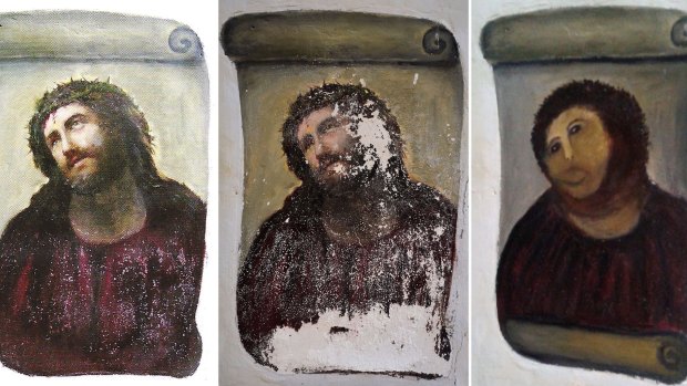 'Pale monkey': (from left) The original version of the painting <i>Ecce Homo</i> by 19th-century painter Elias Garcia Martinez, the deteriorated version and the restored version by Cecilia Gimenez.