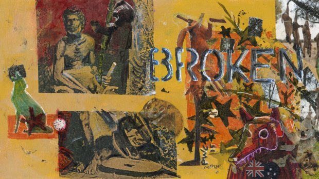 Peter Waples-Crowe: Broken, 2015, mixed media (acrylic paint, collage, stickers) on paper, 22.5cm x 12cm