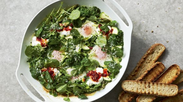 Green eggs and no ham: This spin on shakshuka subs in greens for tomatoes.