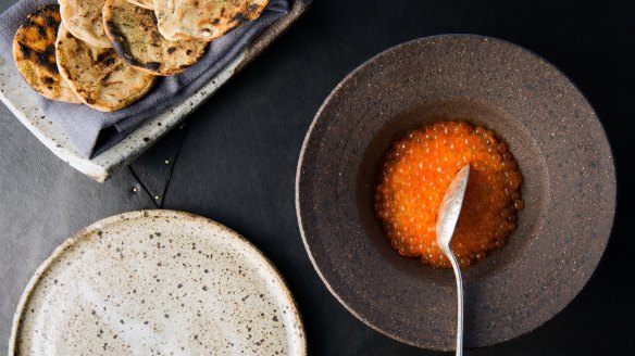 Smoked trout and roe with creme fraiche and  potato bread.