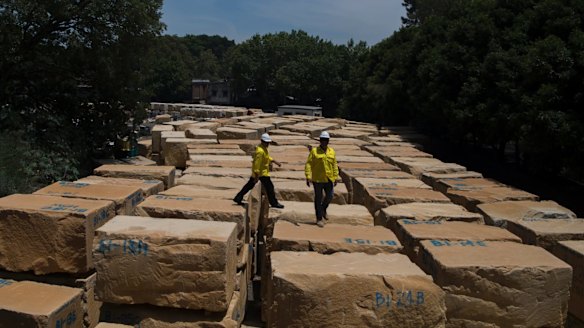 Yellow block sandstone stored at a holding yard in Pyrmont. It was harvested from a quarry in Harris Street by Bundanoon Sandstone.