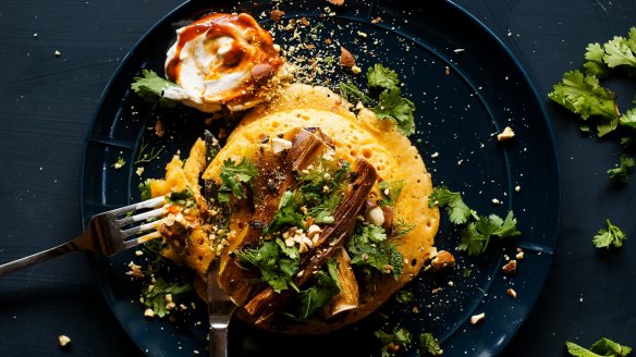 Breakfast for dinner: Harissa pancakes with roasted leeks.