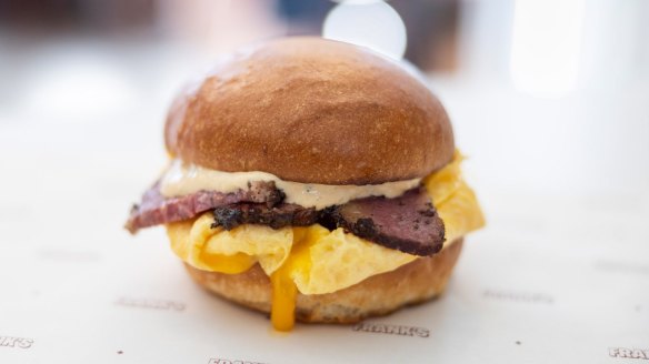 Breakfast Sammy with LP's brisket pastrami, cheese and folded egg.