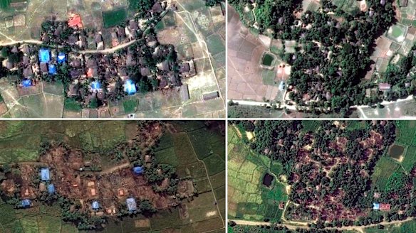 Handout satellite images of two villages in Rakhine state, Myanmar, before and after they were destroyed: Kyet Yoe Pyin is shown at left on March 30 and November 10, 2016, and Wa Peik in 2014 and on November 10, 2016.