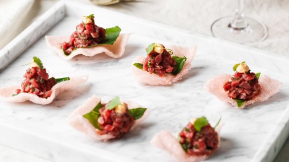 Vietnamese steak tartare on prawn crackers from Merivale at Bumble. 