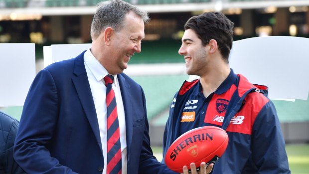 Melbourne chairman Glen Bartlett with player Christian Petracca at the club's Welcome Round launch.