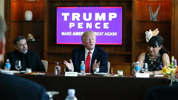 Republican presidential candidate Donald Trump leads a Hispanic leaders and small business owners roundtable in Las Vegas, on August 26.