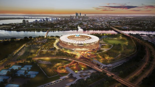 Artist impression of the Burswood stadium which is under construction.