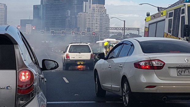 A car's engine caught fire on the Harbour Bridge on Wednesday.