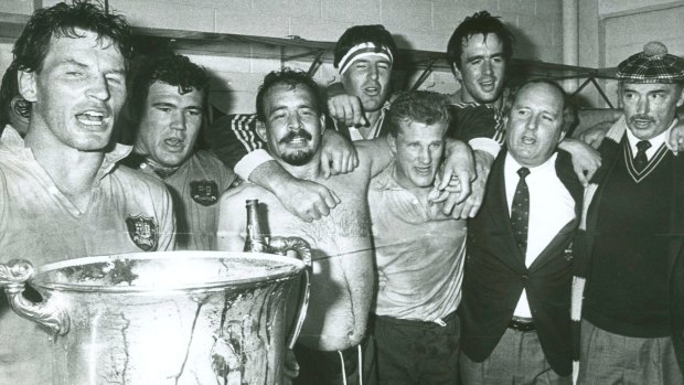 Distant memory: Alan Jones (second from right) and the Wallabies celebrate Australia's last victory at Eden Park in 1986.