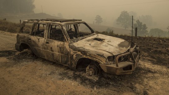NSW FIRES: A burnt out vehicle on the fireground in Taylors Arm near Macksville in northern NSW. 11th November 2019, Photo: Wolter Peeters, The Sydney Morning Herald.