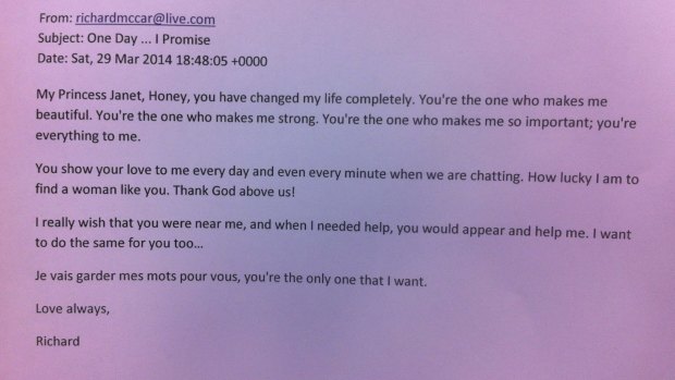 An excerpt from an email sent to Janet by her scam online "love".