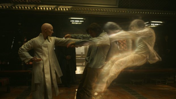 The Ancient One (Tilda Swinton) trains Doctor Stephen Strange (Benedict Cumberbatch) in Marvel's <i>Doctor Strange</i>.