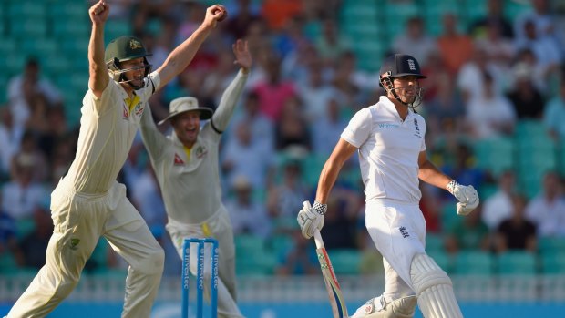 England batsman Alastair Cook is caught by Adam Voges during day three of the Ashes Test match.