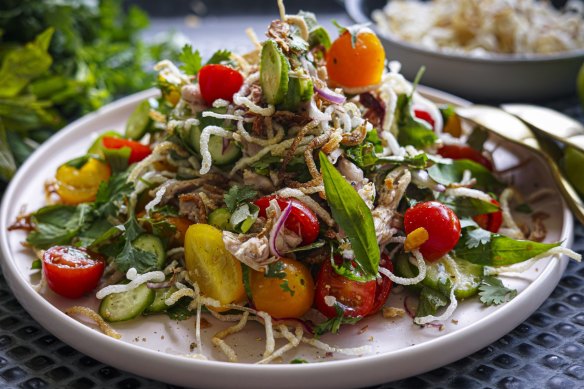 Vietnamese tomato salad with poached chicken and crispy vermicelli.