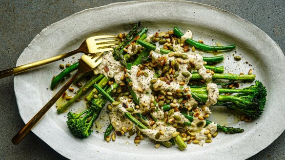 Grilled greens with tuna mayo.