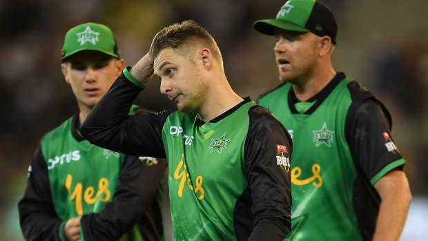 From left: Dejected stars Adam Zampa, Luke Wright and Michael Beer react to another loss.