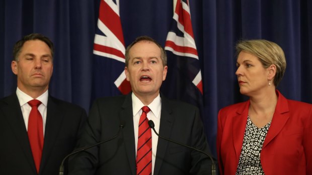 Labor immigration spokesman Richard Marles, Opposition Leader Bill Shorten and Deputy Opposition Leader Tanya Plibersek on Monday. 