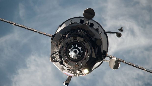 A Russian Progress resupply vehicle approaches the International Space Station in February 2014.