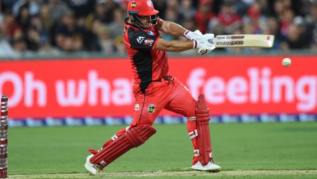 Aaron Finch of the Melbourne Renegades plays a shot during their BBL clash against the Sydney Sixers. 