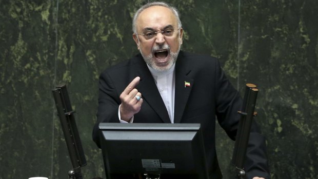 Head of Iran's Atomic Energy Organisation, Ali Akbar Salehi, speaks in an open session of parliament in Tehran during debate about Iran's nuclear deal with world powers.