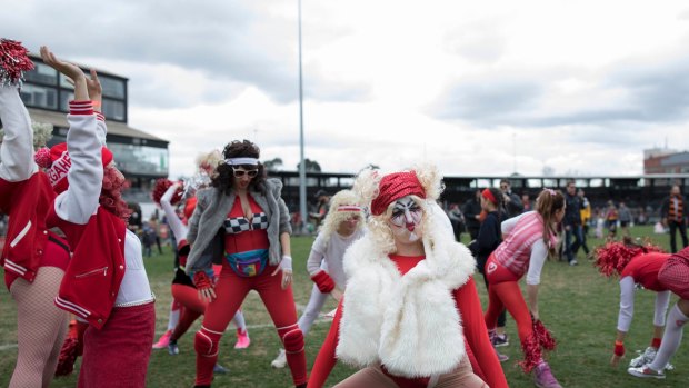 What the? Crowds loved the over the top cheerleaders for the Megahertz team at the Reclink Community Cup.