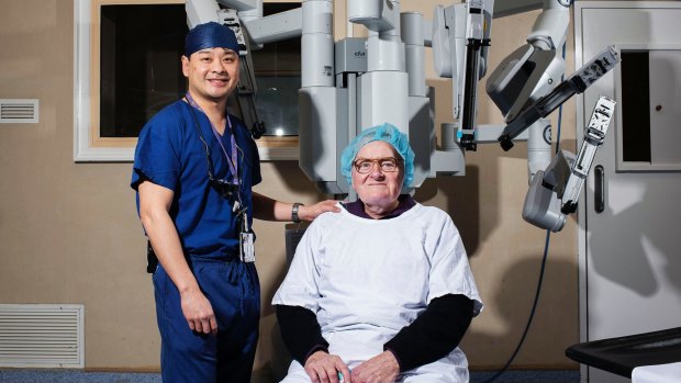 Dr Ronald Chin with patient Brian Hodge who was spared six months of recovery and disfiguring scars following robotic surgery at Nepean Hospital.