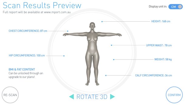 A screenshot of what users can see in the mPod 3D body scanner.