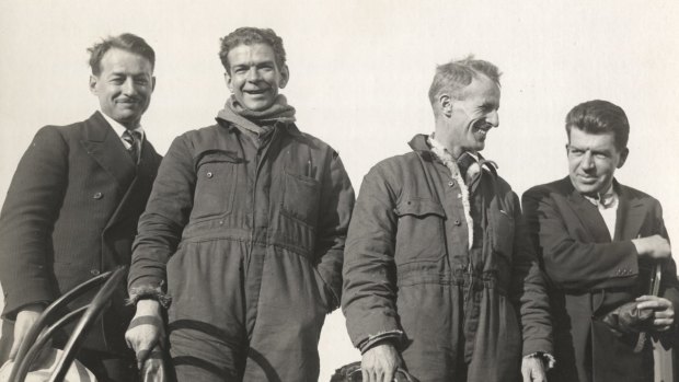 Crew of the Southern Cross, the first flight to Australia across the Pacific Ocean, was met by great crowds when it landed at Mascot Aerodrome on 10 June 1928 .L-R James Warner, Charles Ulm, Charles Kingsford Smith and Harry Lyon.