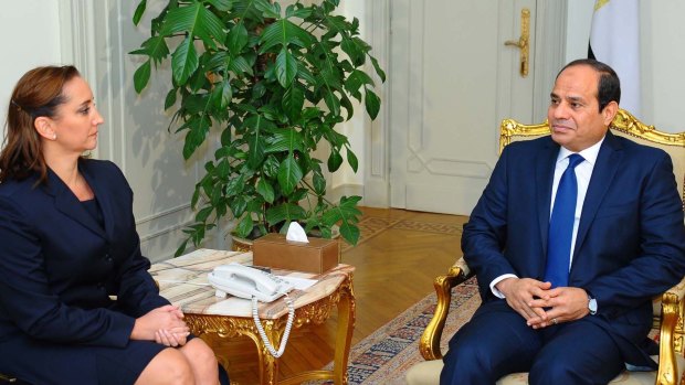 In this picture provided by the office of the Egyptian Presidency, Egyptian President Abdel Fattah el-Sissi  meets Mexican Foreign Minister Claudia Ruiz Massieu the Presidential Palace in Cairo on Wednesday. 