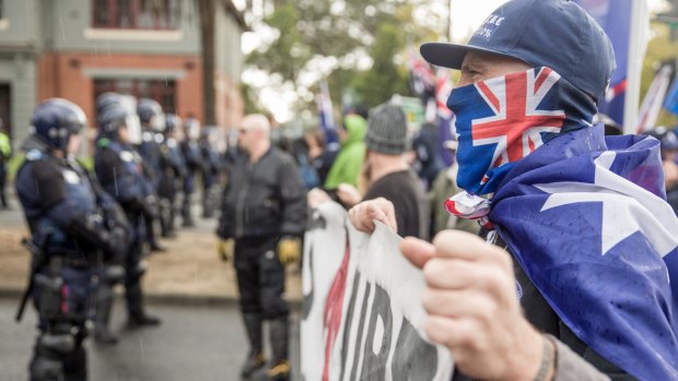 Protesters from rival anti-racism (Moreland Says NO To Racism) and anti-Islam (Stop The Far Left!) face off in Coburg on Saturday.