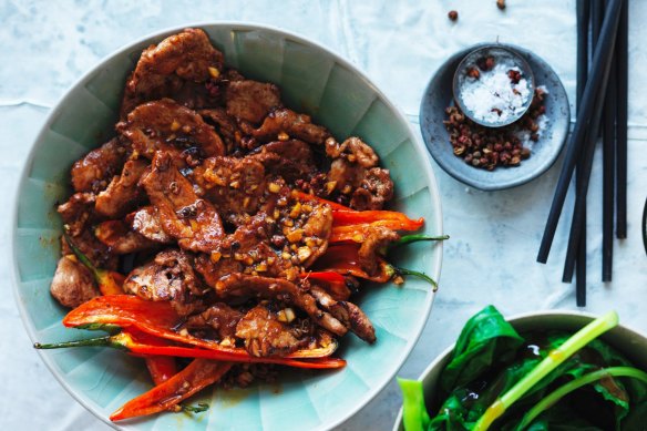 Spicy stir-fry: Chilli pork sprinkled with extra Sichuan pepper.