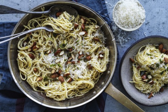 Speedy lemon spaghetti with toasted almonds.