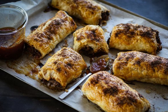 Bloody mary inspired beef sausage rolls with vodka spiked relish.