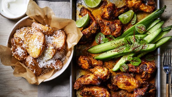 Charred tandoori chicken wings with crunchy coconut potatoes.