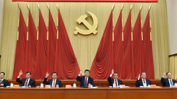 Members of the Politburo Standing Committee, with Chinese President Xi Jinping in the middle.