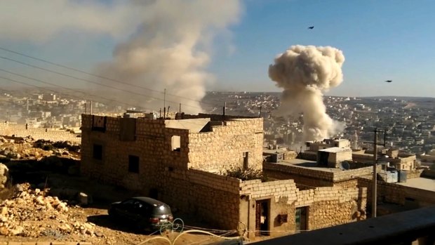 Russian and Syrian government airstrikes pound western rural Aleppo province. 