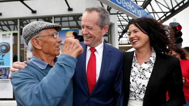 Putting on a brave face: under pressure Opposition Leader Bill Shorten meets with Nino, during a street walk with ALP candidate for Corangamite, Libby Coker in Geelong on Monday. 