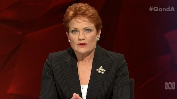 Pauline Hanson, the leader of the One Nation Party, on the ABC's <i>Q&A</i> on July 18.