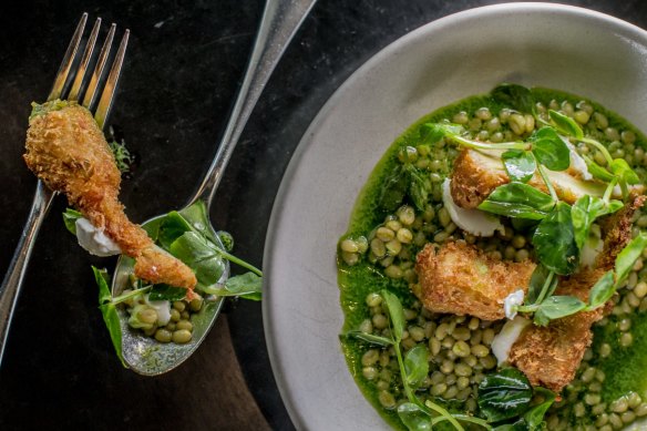 Wheat berry and pea 'risotto' with crumbed artichoke and goat's cheese.