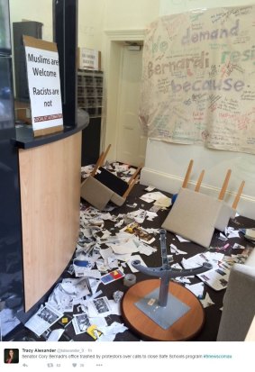 MP Cory Bernardi's office was defaced by protesters, angry over calls to close the Safe Schools program.
