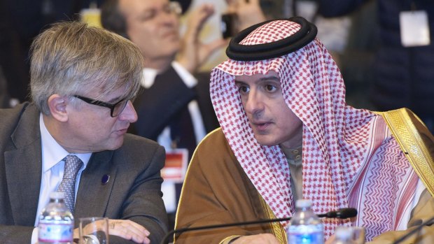 Saudia Arabia's Foreign Minister Adel al-Jubeir, right, at the Rome talks.