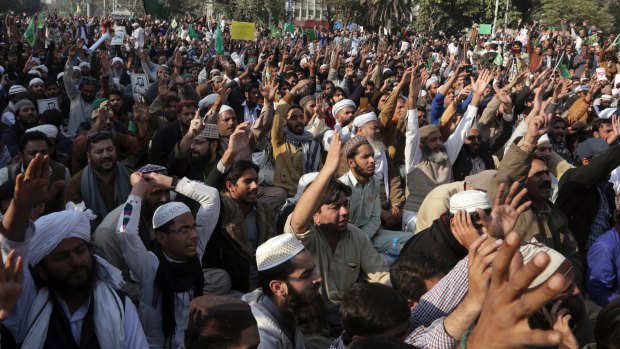 Supporters of religious groups rally to express solidarity with protesters block main highway Islamabad.