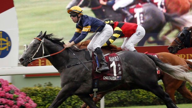 Questionable form: Chautauqua, with Tommy Berry in the saddle, claims the Chairman's Sprint Prize in Hong Kong.