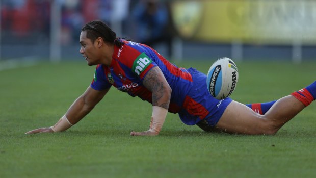 Joey Leilua scores a try for Newcastle against the Canberra Raiders just weeks ago. 